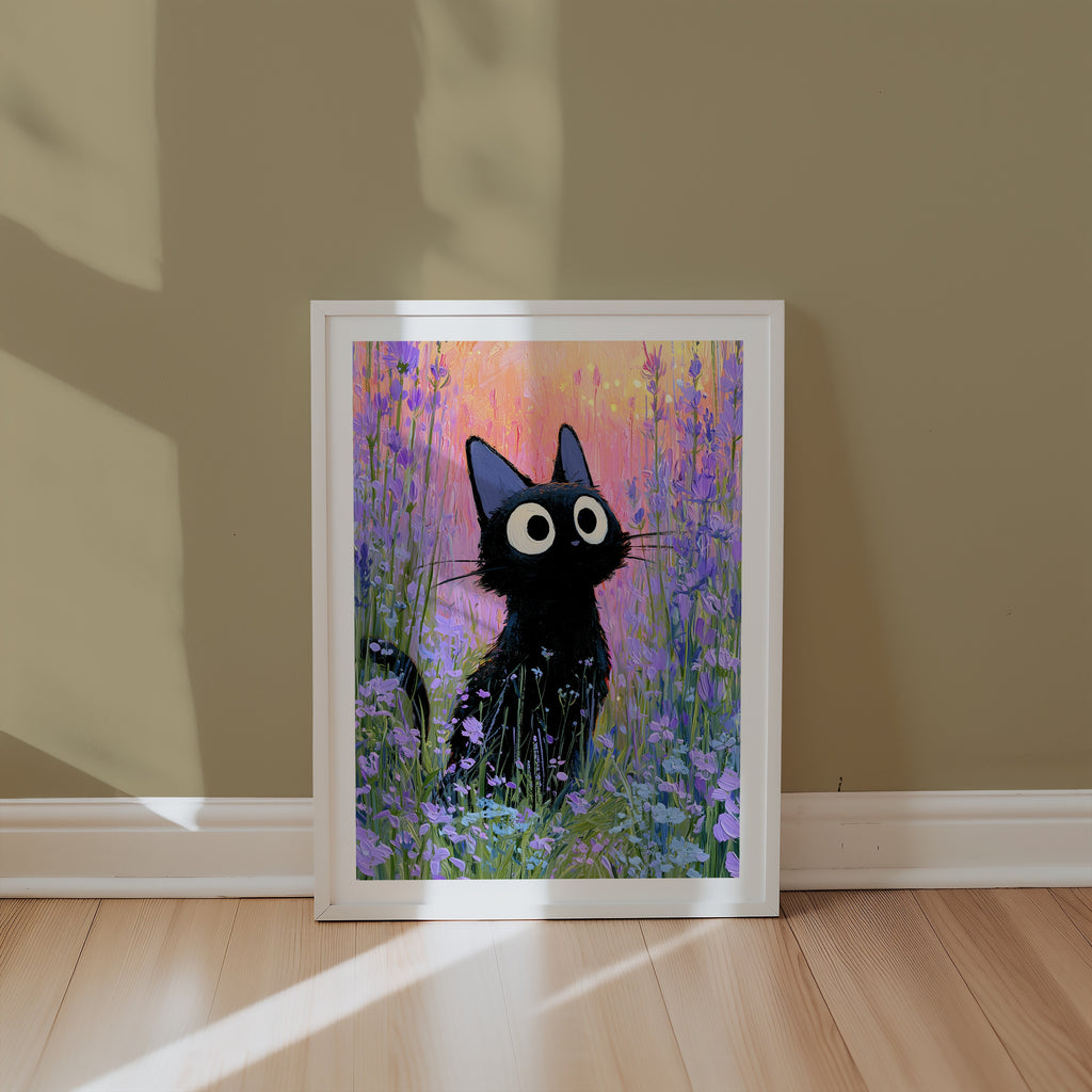 Cat in Violette Meadow Poster med passepartout i ram på vägg