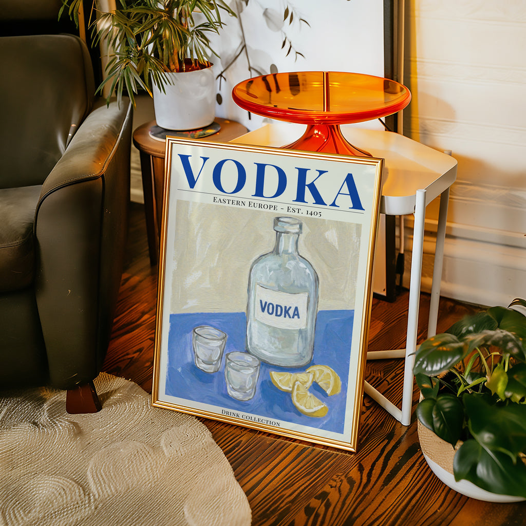 Vodka affisch i minimalistiskt rum – Bozetto konsttryck i hög tryckkvalitet