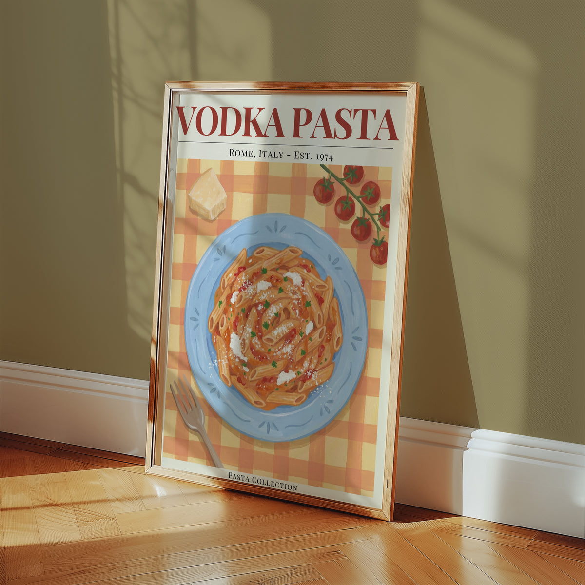 Vodka Pasta poster i inramad miljö på vägg – Bozetto konsttryck i hög kvalitet