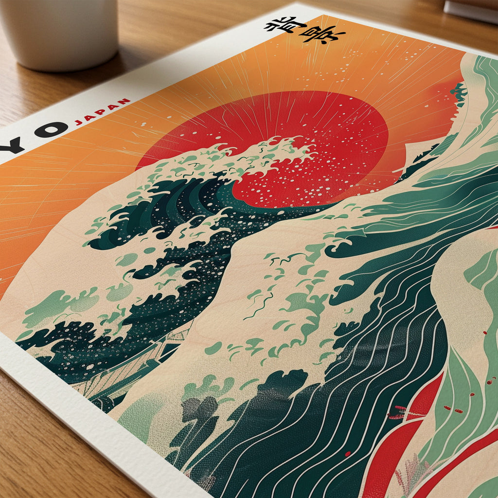 Japanese Sea Wave poster som papper på skrivbord (paper_desk) – konsttryck från Bozetto i hög kvalitet