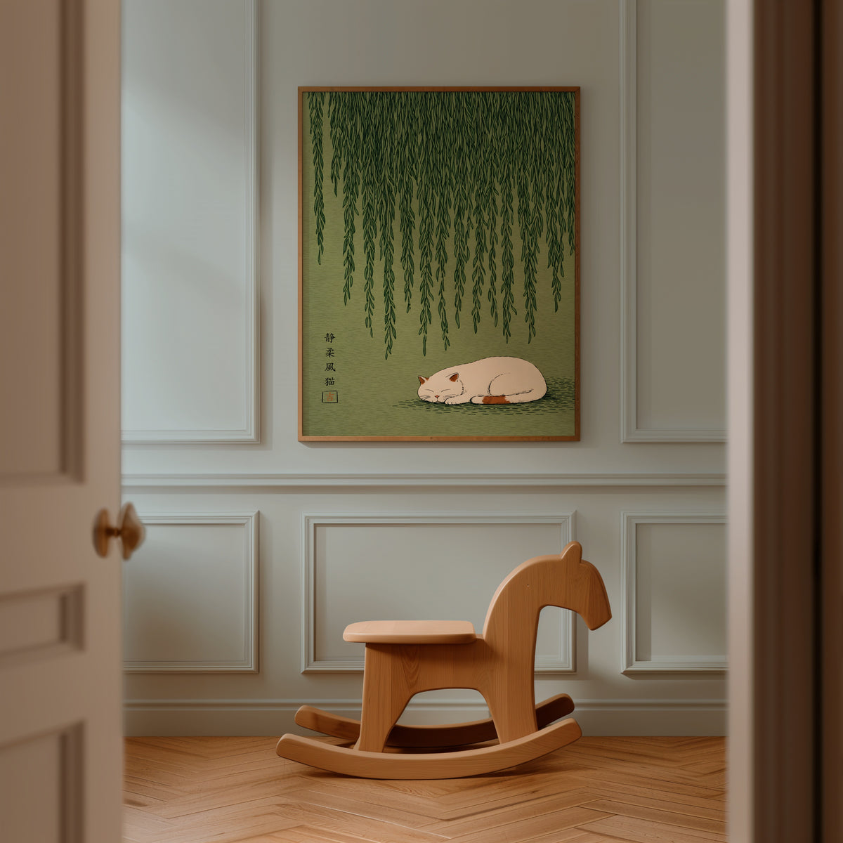 Silent Willow Cat poster i lugn inredning – Bozetto